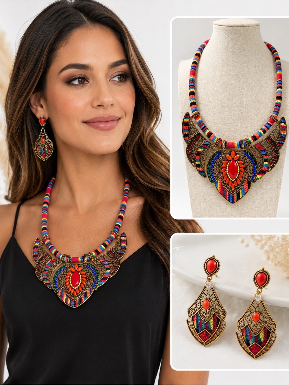 Bohemian Multicolor Beaded Statement Necklace & Earring Set
